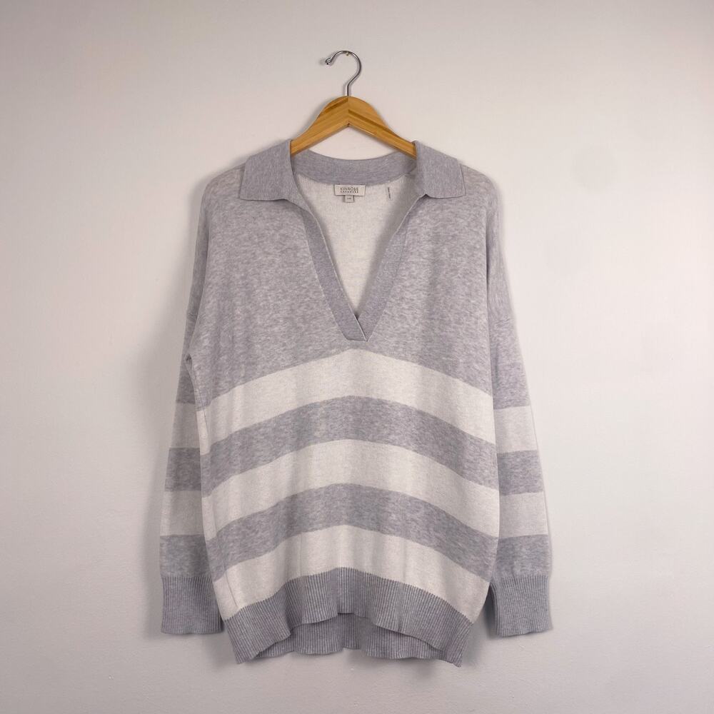 Kinross Cashmere Stripe Split Neck Polo Cotton Blend Large